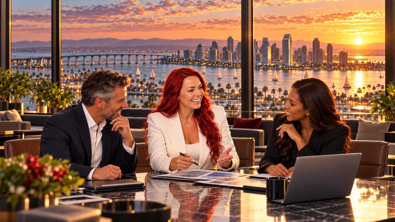 Three public relations professionals meeting at a conference table with the San Diego skyline at sunset