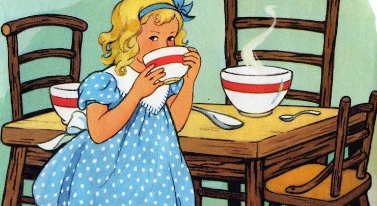 Vintage illustration of Goldilocks tasting porridge at a table